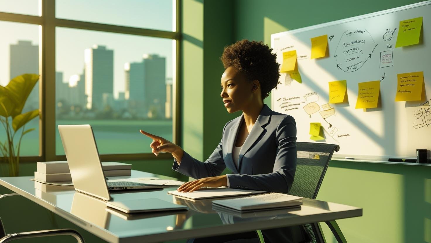 A serene office space is depicted, bathed in warm natural light filtering through large windows gives the pictures tones of green and gold. A confident woman sits at a modern desk. An open laptop is in front of her, as she is engaged in a video call. The other person on the call is sharing their screen of as she points indicating a collaborative discussion. On the desk surrounding her are notes. On the wall behind her, a whiteboard is filled with sticky notes, diagrams and bullet points. In the background, a window reveals a tranquil view of a cityscape, hinting at growth and opportunity beyond the office. The overall vibe is one of empowerment and professionalism, illustrating a successful partnership where learning and independence flourish.