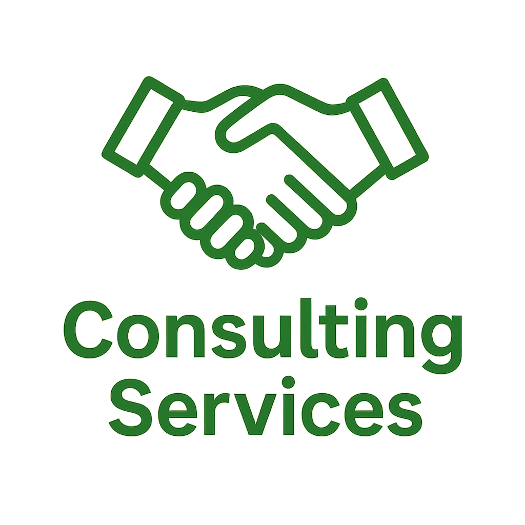 Simple icon logo of handshake with text Consulting Services in green