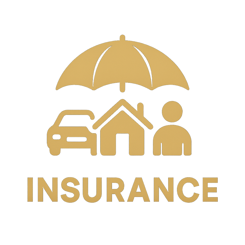 simple icon logo of umbrella over car home person with the text insurance in gold-1