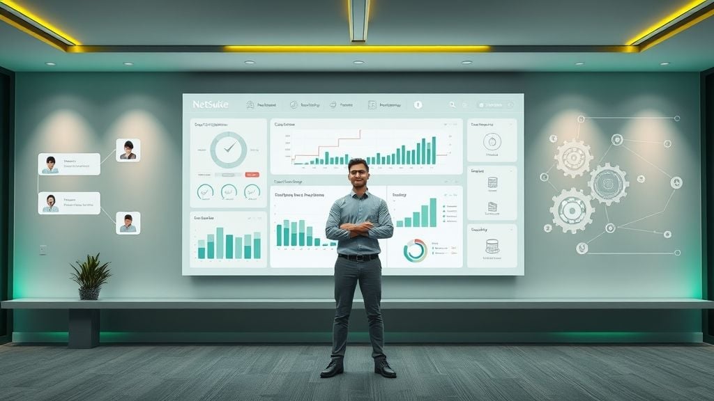 A modern office scene with a central figure (the “NetSuite Administrator”) standing confidently in front of a large digital dashboard interface projected in the background. The dashboard shows simplified charts, workflows, and icons (gears, checkmarks, user avatars) to represent system management and support.